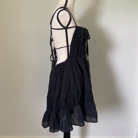 Free People 100% Cotton Mini Black Double Tie Back Dress Size Medium - Picture 3 of 6